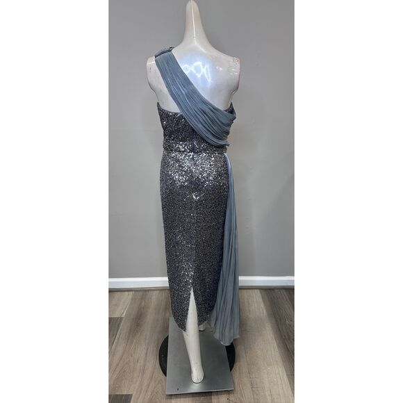 Badgley Mischka One-Shoulder Embellished Cocktail Dress in Pewter US 12 $595 - Picture 10 of 12
